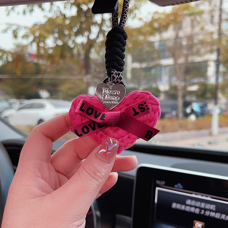 Hand-Knitted Rose Red Heart Rearview Mirror Ornament - Cute Wool Pendant for Car Interior
