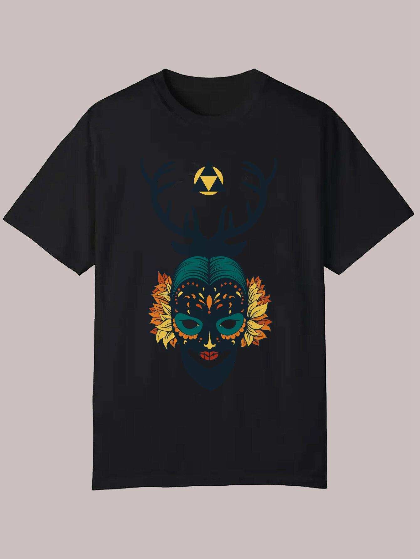 Summer Casual Graphic T-shirt - Black Deer & Floral Mask Art Print S