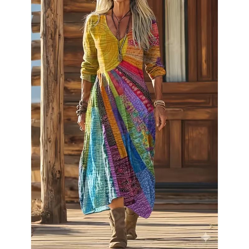 Creative Tie-dye Printing Women's New V-neck Long-sleeved Dress Medium and Long Dress