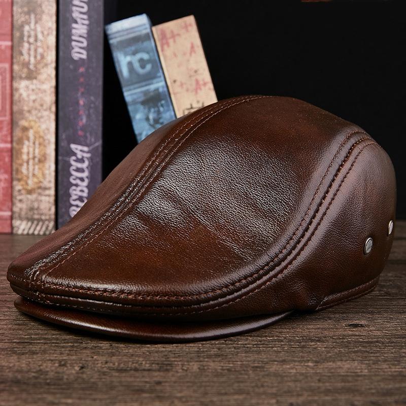 Gorra de cuero para hombre mayor, cálida, de piel de vaca, para otoño e invierno, con boina gruesa.