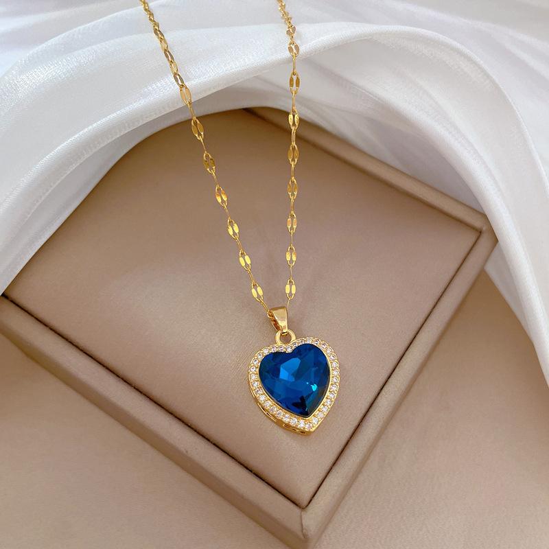 Women's 316L Stainless Steel Heart-Shaped Pendant Necklace with Big Blue Zircon Fashion Clavicle Chain Zircon Gift for Girls