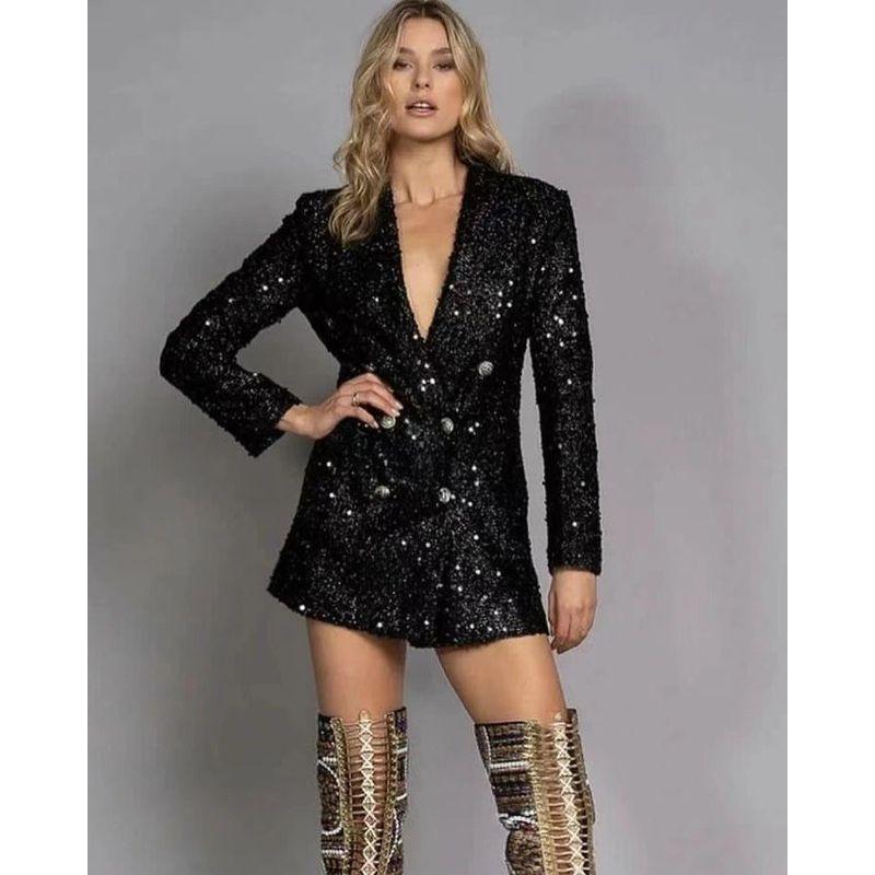 

Cross-Border New European and American Fashion V-neck Temperament Suit Double Breasted Black with Paillettes Slim fit Long Top Outerwear Coat Black 3XL