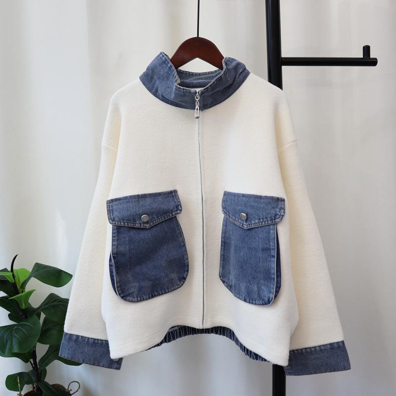 Autumn and winter new zipper splicing denim knitted double-sided woolen cardigan temperament sweater jacket women