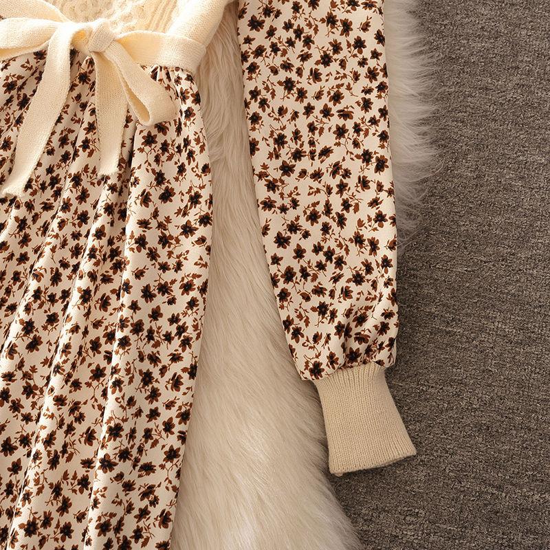 Herbst Neue Oansatz Patchwork Twist Cord Elegante Dame Gestrickte Blumendruck Kleid Frauen Laterne Hülse Schärpen Bogen Midi Kleid