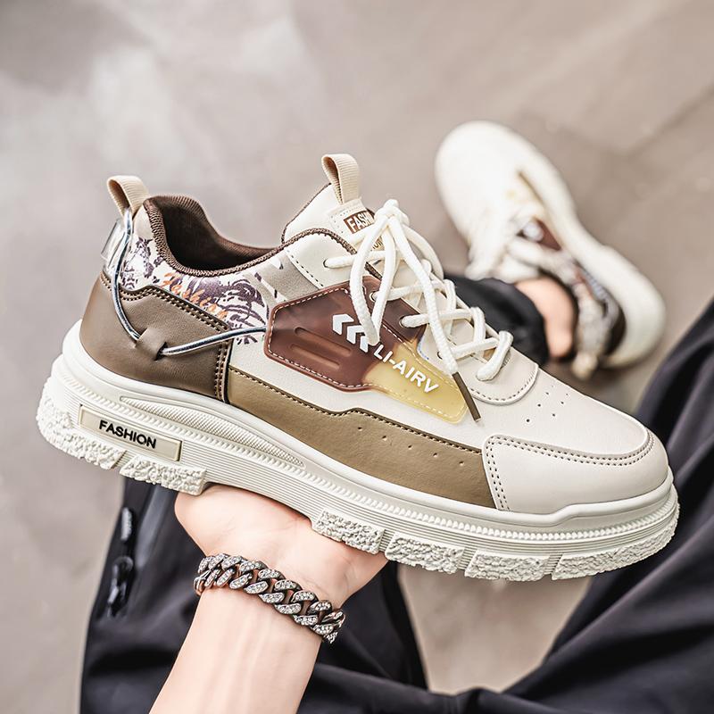 

Sneakers Mens Designer Soft Sole White Shoes Casual Microfiber Leather Height Increased Flat Platform Board Shoes 39 бежевый