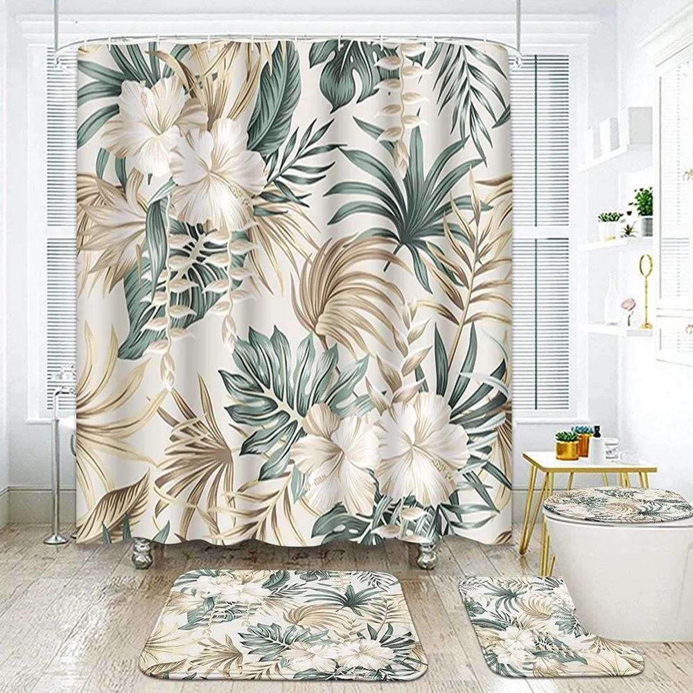 Green Leaves Shower Curtain Sets Spring Rural Plant Flower Bathroom Curtains Non-Slip Toilet Lid Cover Rug Baths Mats Home Decor