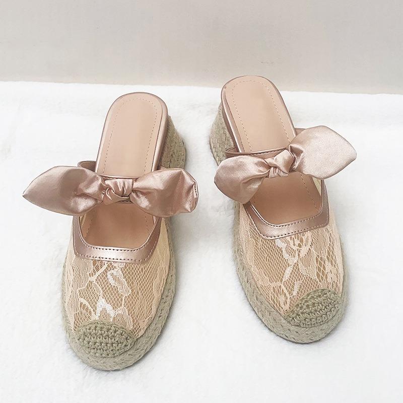 Summer bow lace mesh bag head slippers women's summer wear thick bottom muffin straw bottom temperament