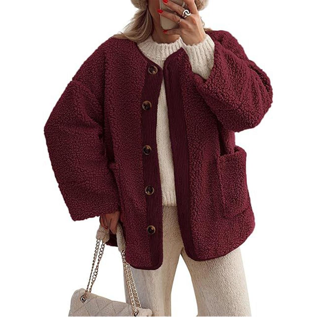Women's Solid Color Collarless Casual Long Sleeved Button Down Plush Lamb Wool Jacket Jacket