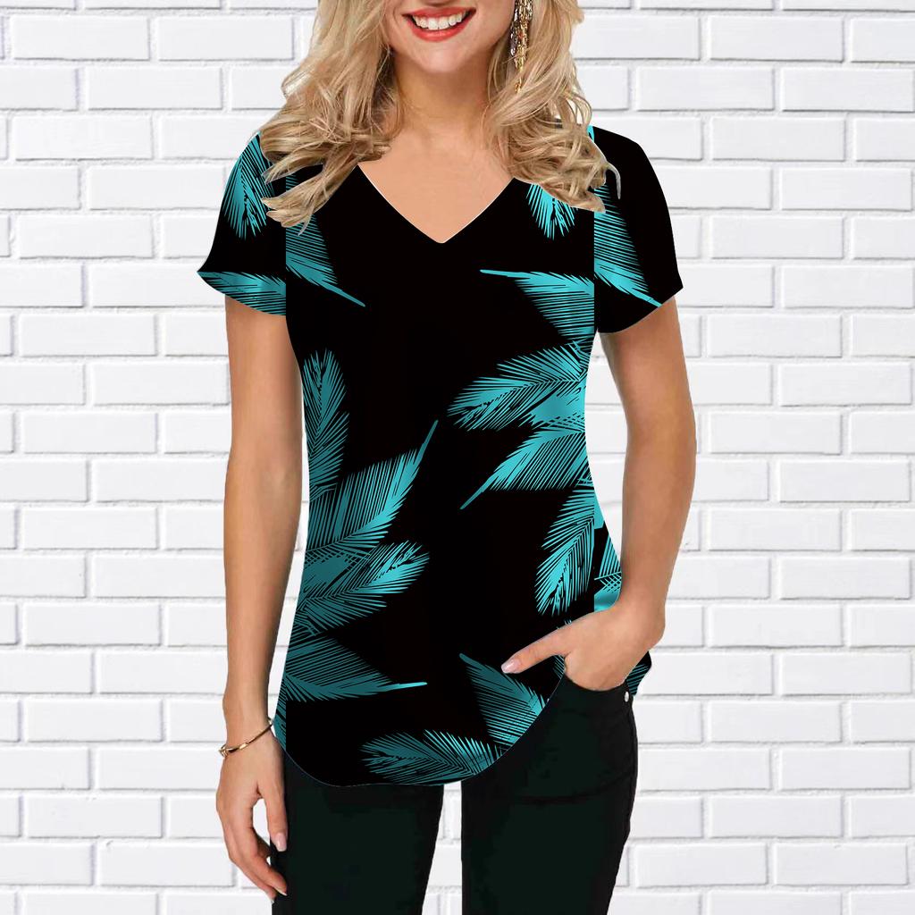 Blusa feminina com decote em V, manga curta, girassol, folhas coloridas, estampadas, camiseta solta, blusa casual