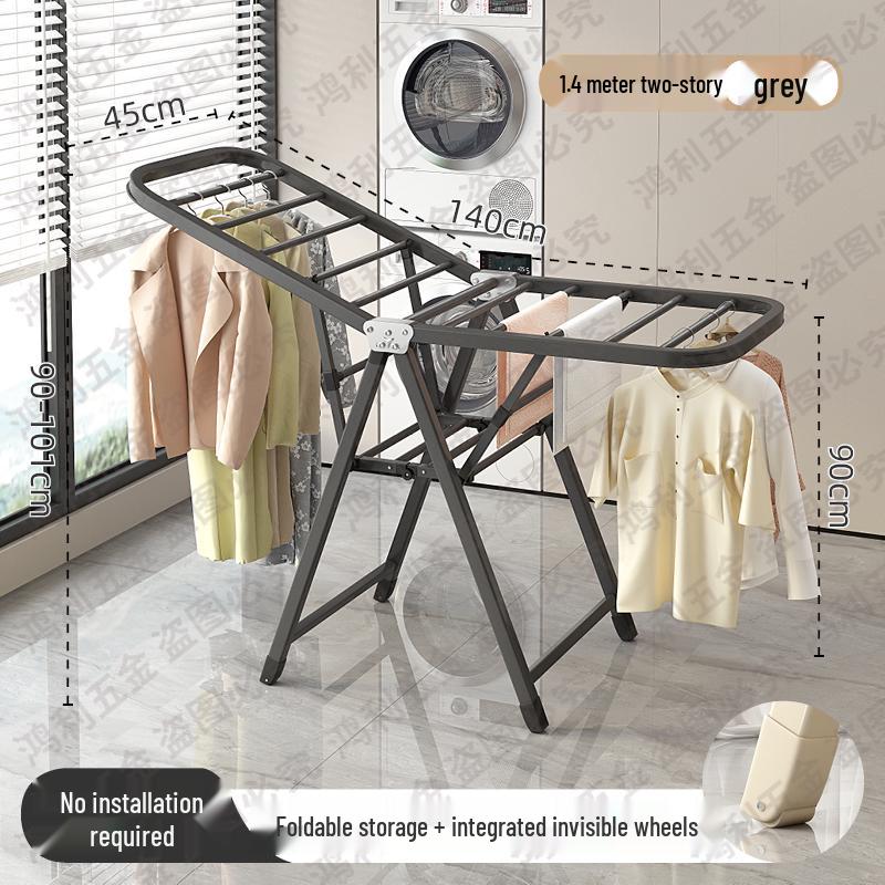 Folding Floor-Standing Clothes Drying Rack for Household, Bedroom, Balcony, Indoor Use - Ideal for Baby Clothes and Quilts.