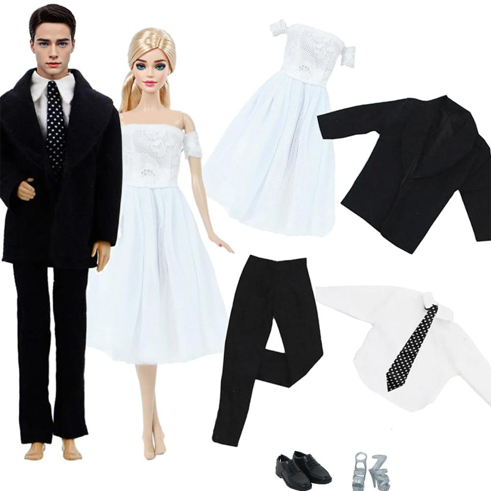 

4 шт./компл. Одежда и аксессуары для пары для Кена для куклы Барби Свадебное платье Платье Костюм Футболка Обувь Туфли на высоком каблуке 1/6 30 см Кукольный домик (НЕТ КУКЛ)