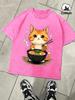 Kitten Who Likes To Eat Lamian Noodles Snow Washed TShirt Mans Cotton Tee AllMatch Retro Clothing Unisex ONeck Loose Top