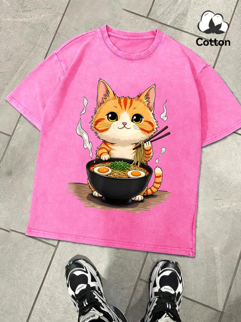 Kitten Who Likes To Eat Lamian Noodles Snow Washed TShirt Mans Cotton Tee AllMatch Retro Clothing Unisex ONeck Loose Top