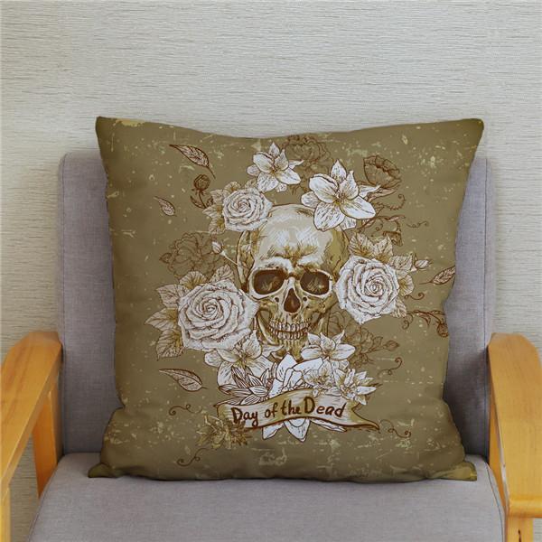 Skeleton Head Flower Print Pattern Cushion Cover for Home Living Room Sofa Decoration Square Pillowcase 45 * 45cm