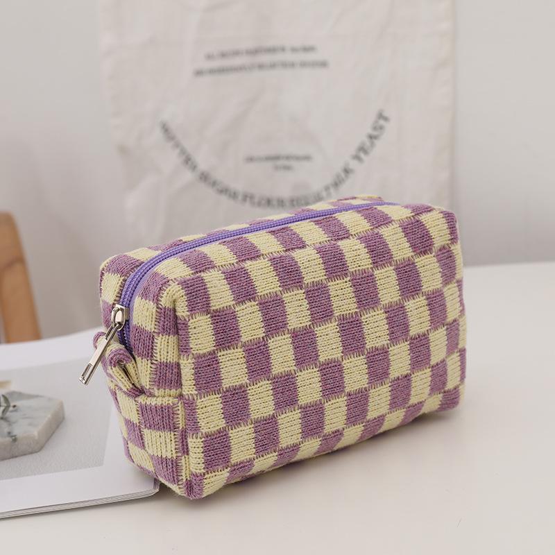 Korean Plaid Knit Makeup & Pencil Storage Bag - Large Capacity Organizer