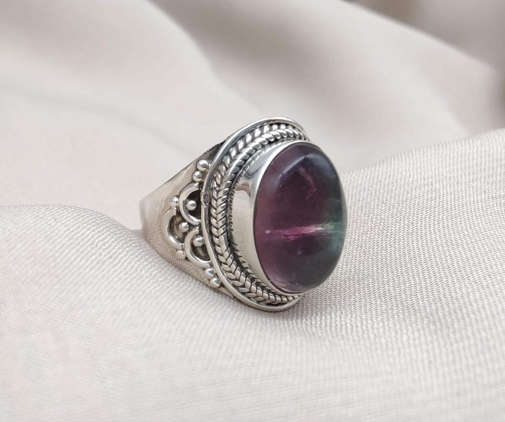 Rainbow Fluorite Ring: 925 Sterling Silver Boho Statement Jewelry