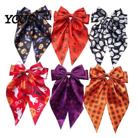 Halloween Hair Clip Silky Satin Bows for Women, Big Ribbon Bow Clips Girls, Decorative Oversized Long Tail Barrettes, Cute Ghost Bat