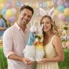 Wood Grain Resin Easter Bunny Decorations Simulation Design Bunny Couple Statue  Tabletop Display