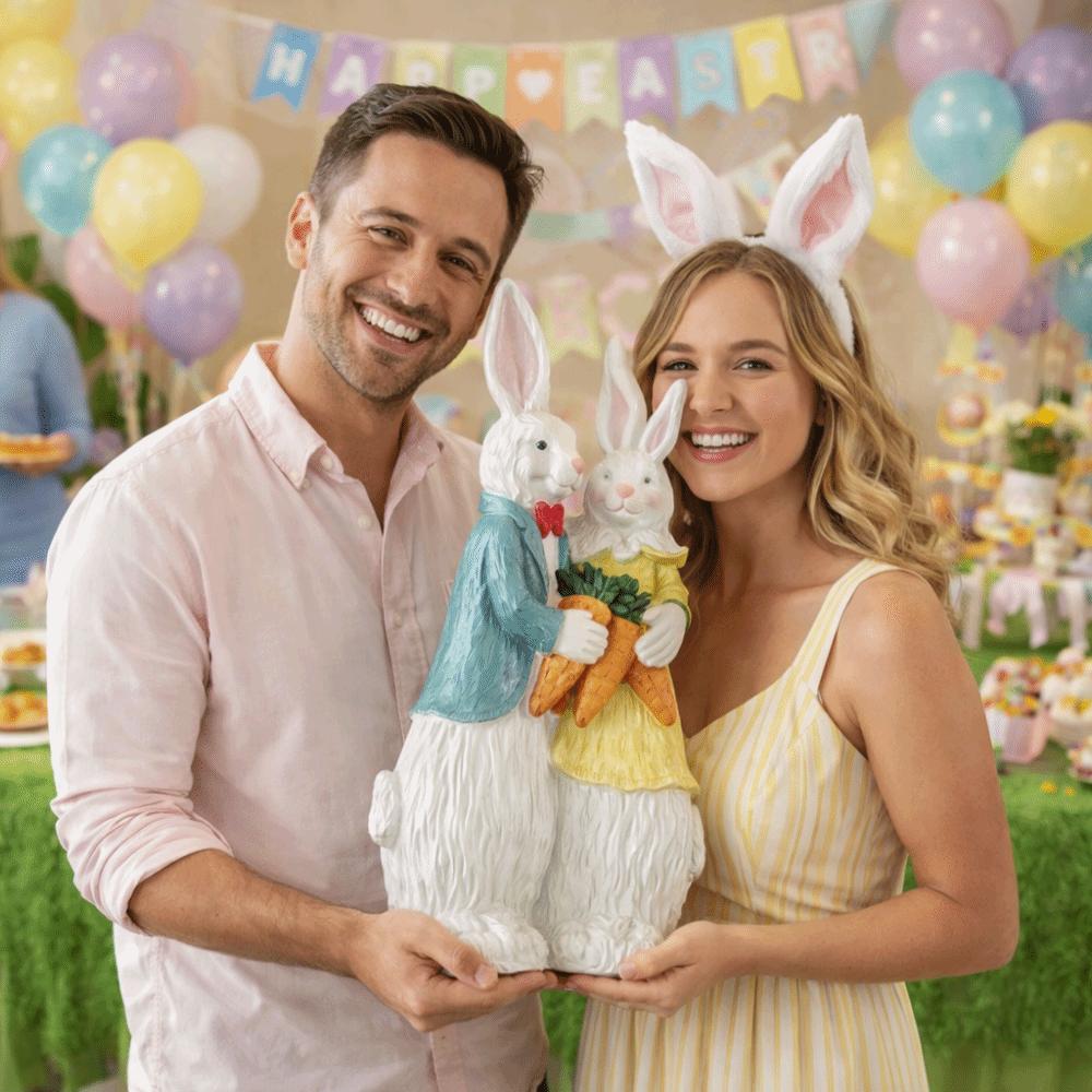 Wood Grain Resin Easter Bunny Decorations Simulation Design Bunny Couple Statue Tabletop Display