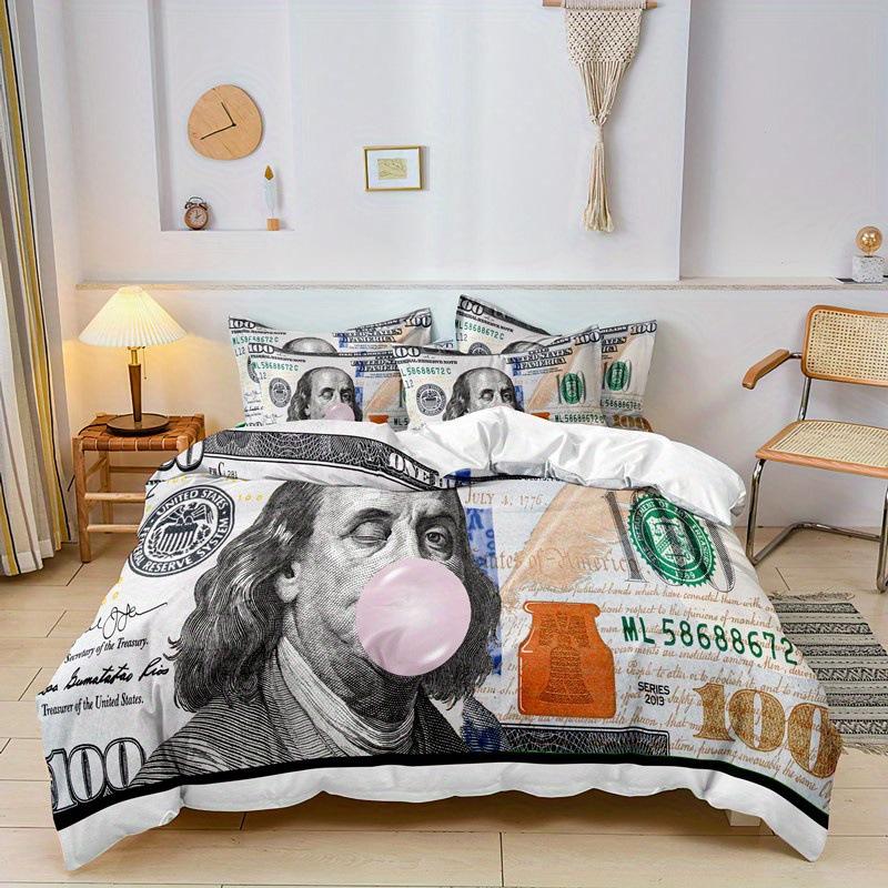Dollar Printed Duvet Set, Dollar Bill Bedroom Bedding Quilt Set Three-Piece Set