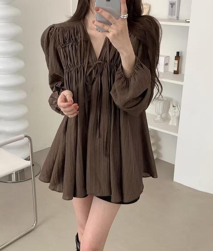 2026 Early Spring Korean V-neck Lace-up Puff Sleeve Chiffon Blouse