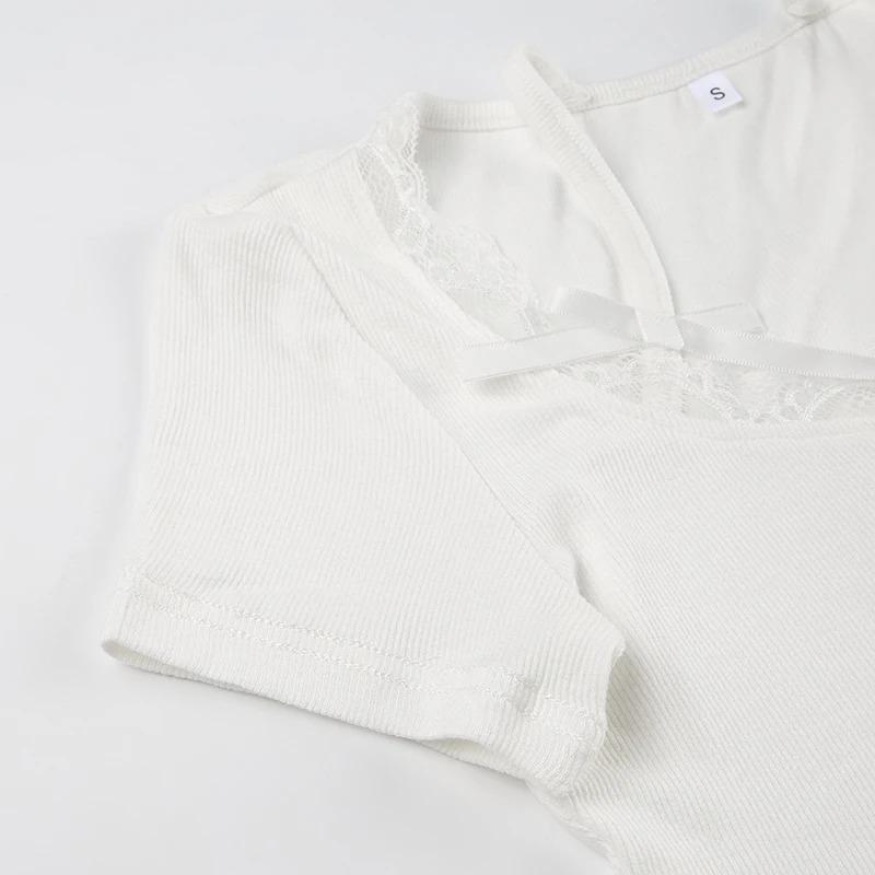 Decolteu cu dantelă, cu fundă, tricou drăguț Y2K, tricou pentru femei, subțire, cu mânecă scurtă, cu mânecă scurtă, îmbrăcăminte dulce pentru balet