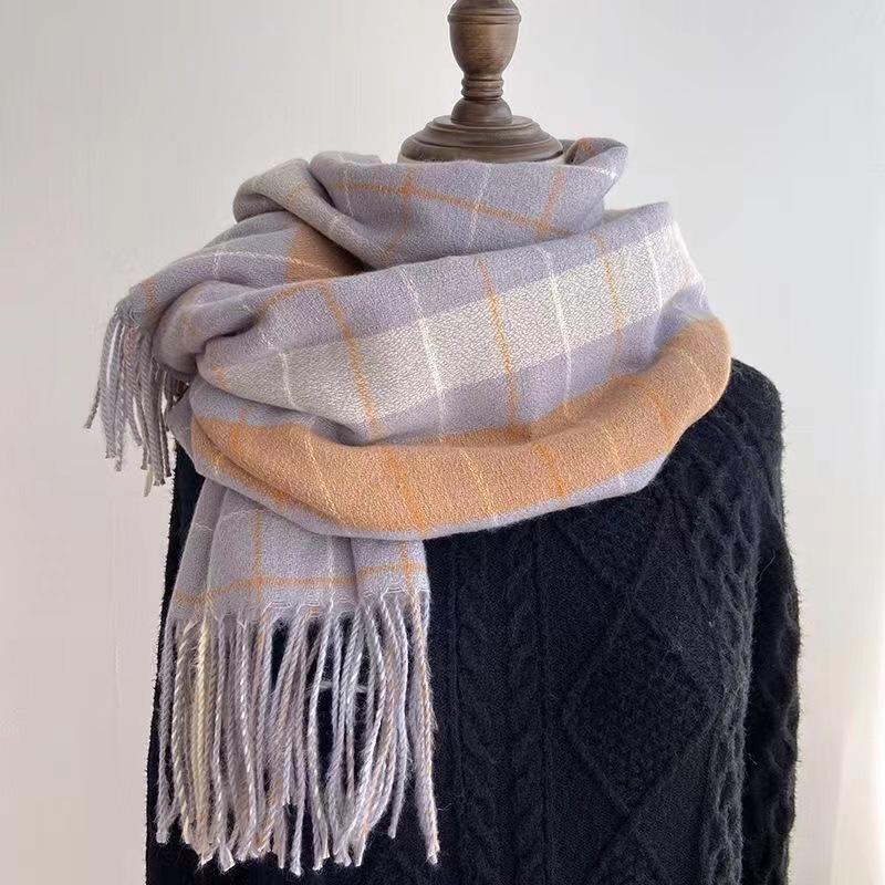 Women's Winter Plaid Imitation Cashmere Tassel Scarf, Thickened Korean Style Neck Warmer
