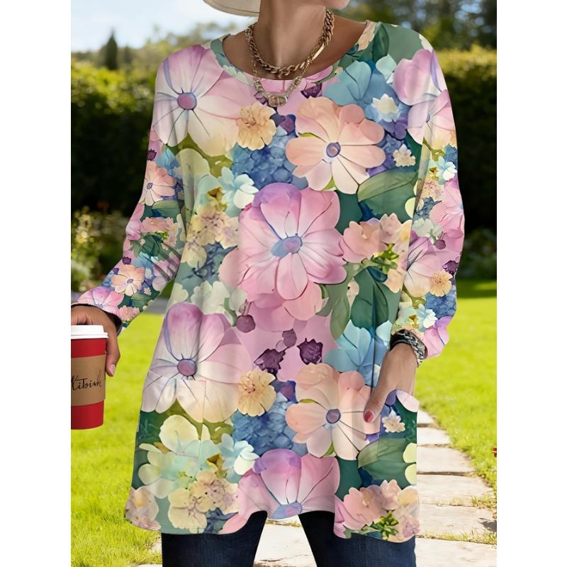 Women s Plus Size Spring Floral Print Loose Top with Pockets S