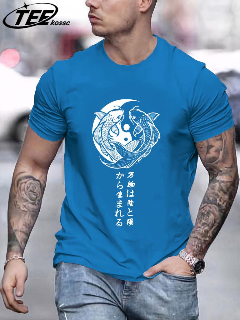 Japanese Harajuku Koi Art Letter Print Mens TShirt Loose Casual T Shirt AllMatch Cotton Streetwear Male Fashion Soft Clothing