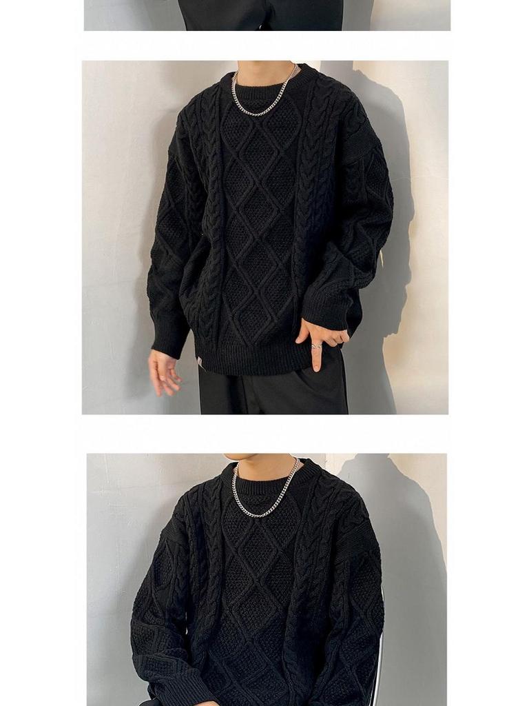 Men's Casual Loose Fit Cable Knit Sweater - Black Autumn/Winter