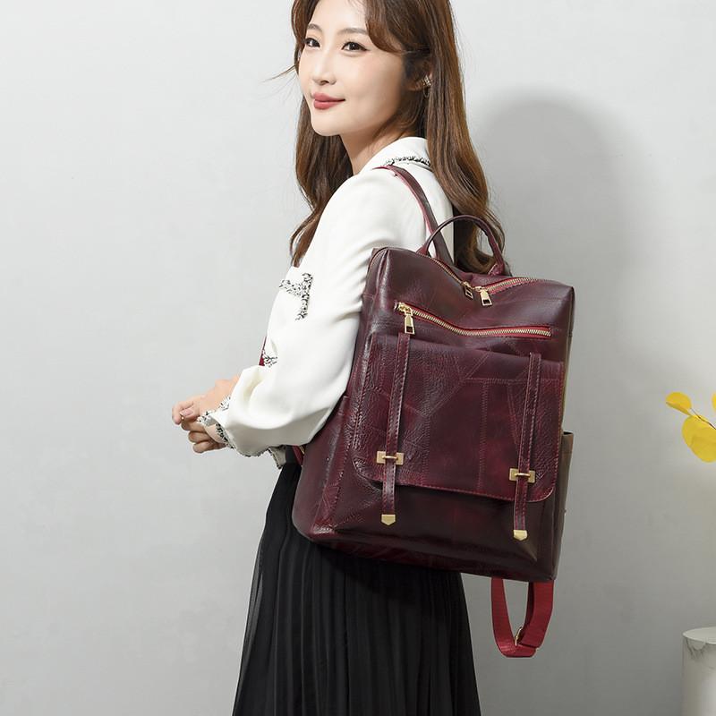 Ielgy Korean Version Fashion Solid Color Ladies Backpack Casual Soft Leather Water-Repellent Travel Bag