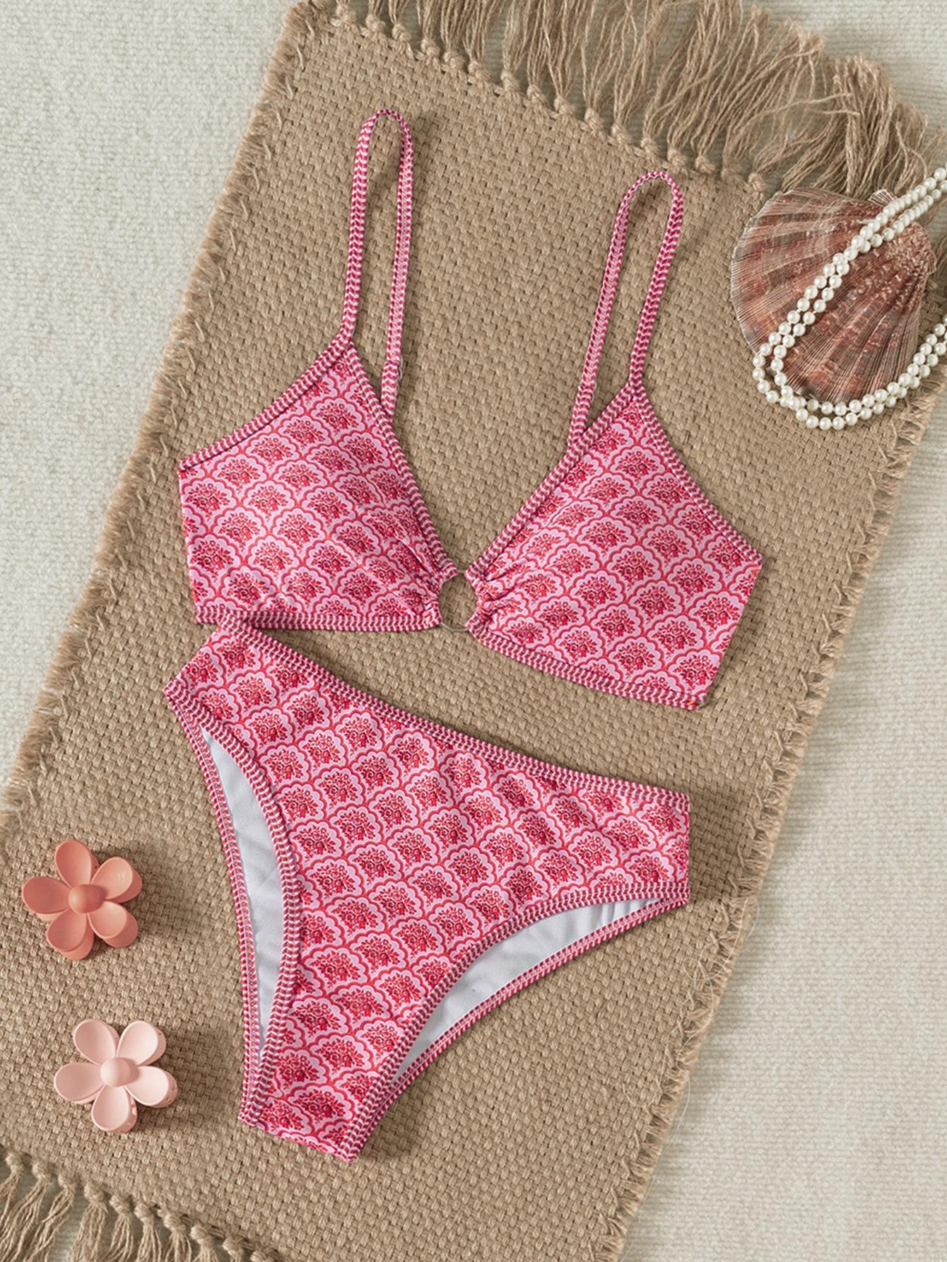 

Women’s Fashion Summer Floral Print Bathing Suit Triangle Cup Bikini Swimsuit, Sexy Two-Piece Swimwear XL червоний