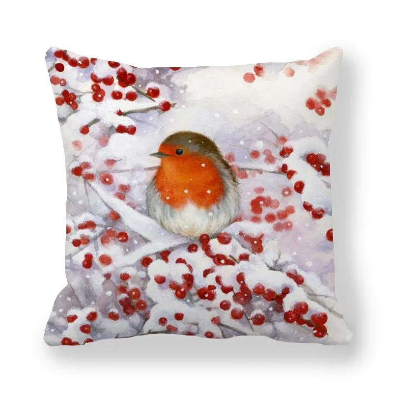 New Christmas Cushion Cover Print Robin Bird Pillow Navidad Gift Pillowcase Decoration