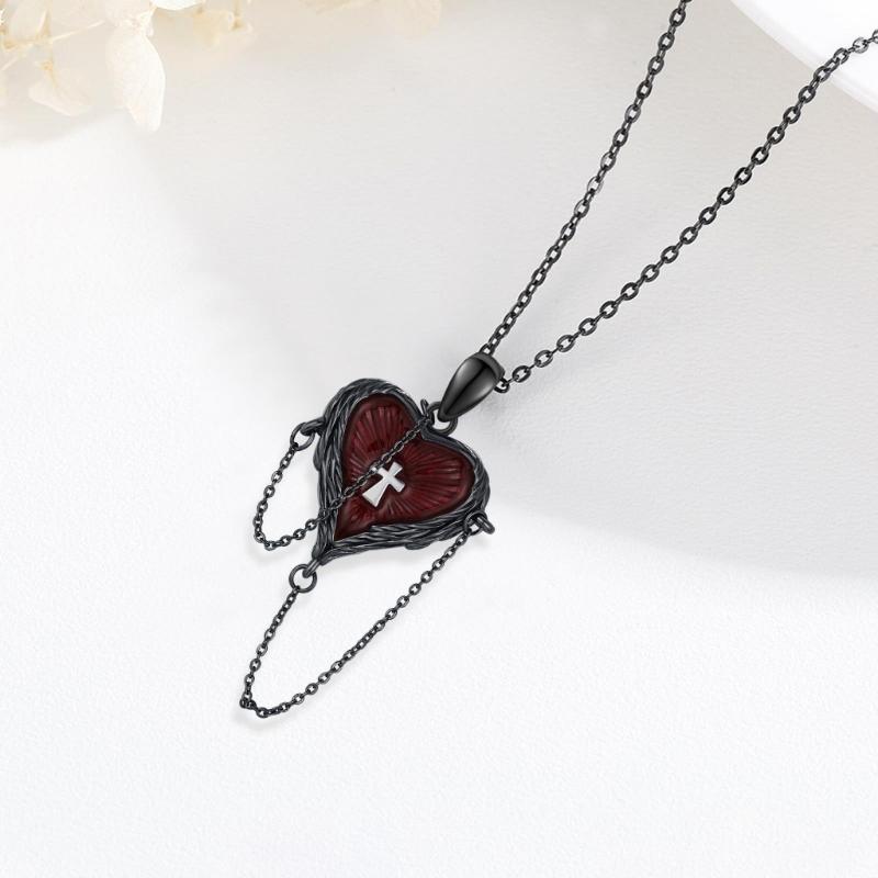 Heart Crosses Featuring Feather Wing Gothic Pendant Necklace Representing Love Freedom for Dark Culture Devotees