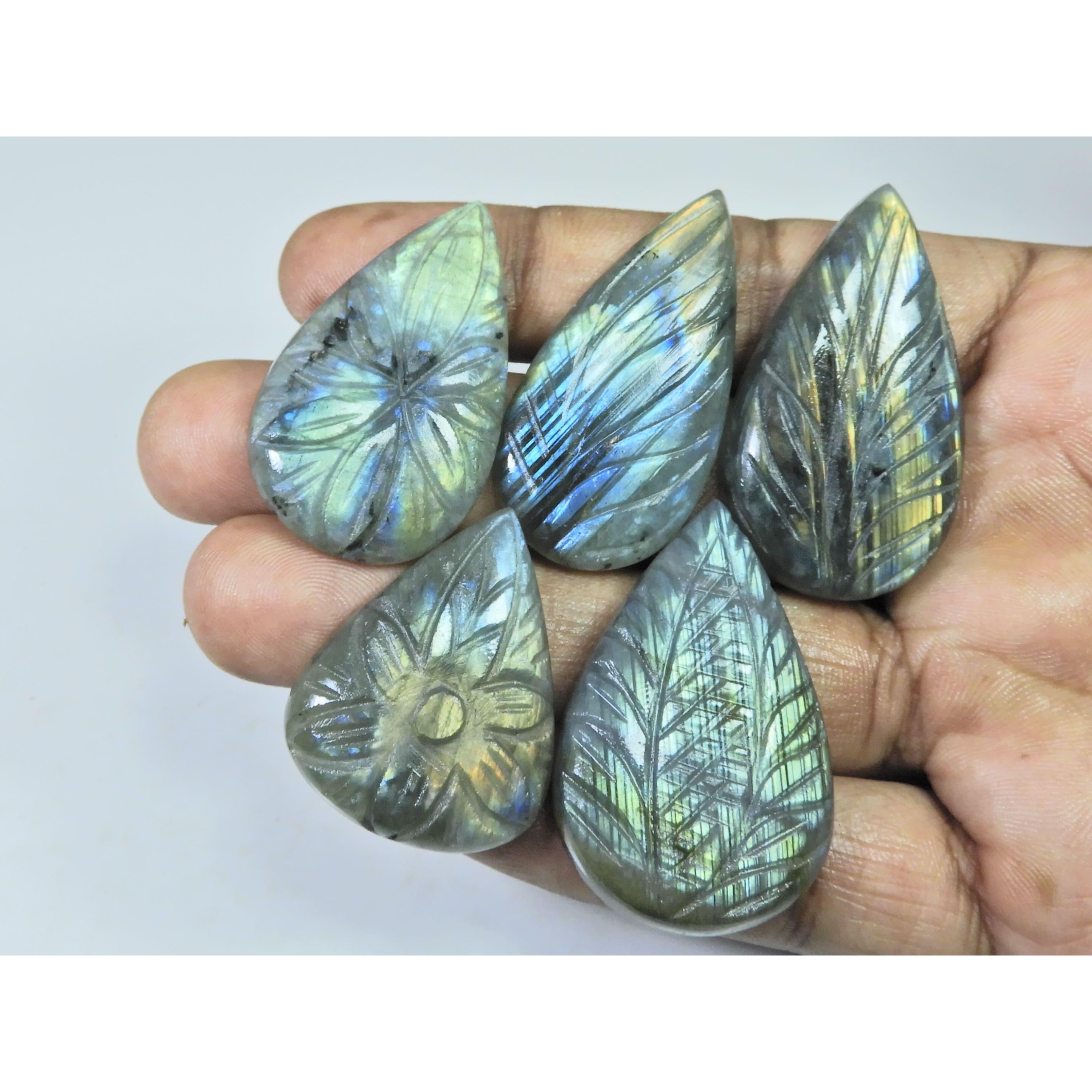

252Cts. Natural Labradorite Carving Pear Cabochon Loose Gemstone 5Pcs Lot LL-1043