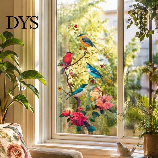 Creative Gifts for Window Decor Watercolor Bird And Flower Cling, Static PVC Waterproof Glass Sticker, Removable Art Pattern Stickers Decors,