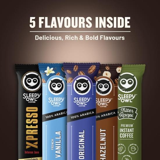 Sleepy Owl Instant Coffee Gift Pack | 50 Coffee Sachets + Free Mug | Assorted Flavours: Original, French Vanilla, Hazelnut, Xpresso & Filter Kaapi