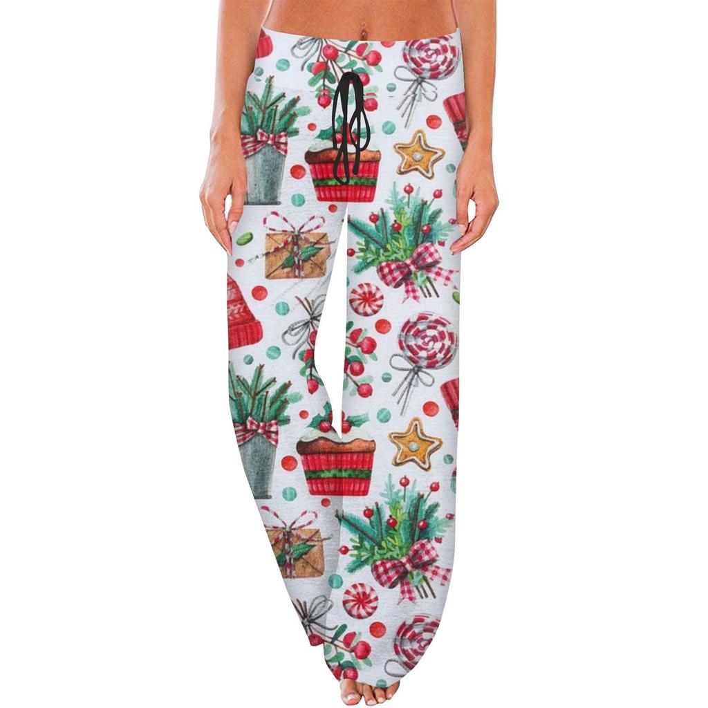 Women's Casual Fashion Comfort Pajama Pants Christmas Print Drawstring Wide Leg Pants