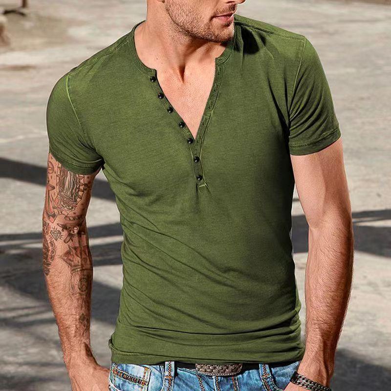 Summer New Men's Casual Henry V-neck Short-sleeved T-shirt Men's Slim-fit Sports Base Shirt Top Men