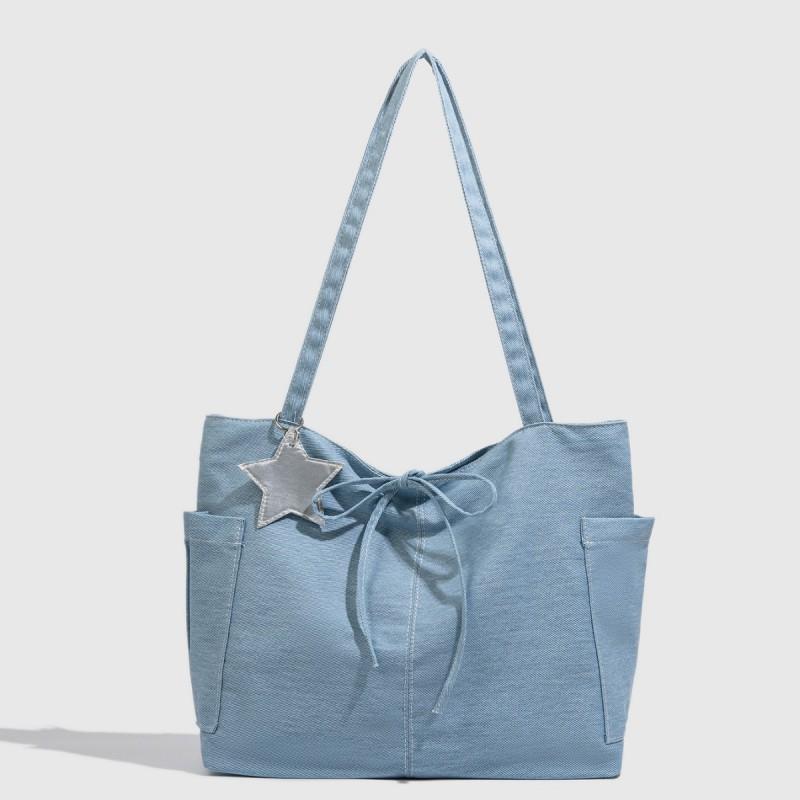 Korean Version Ins Denim Star Tote Bag Large Capacity Blue Canvas Preppy Style Commuting All-match Shoulder