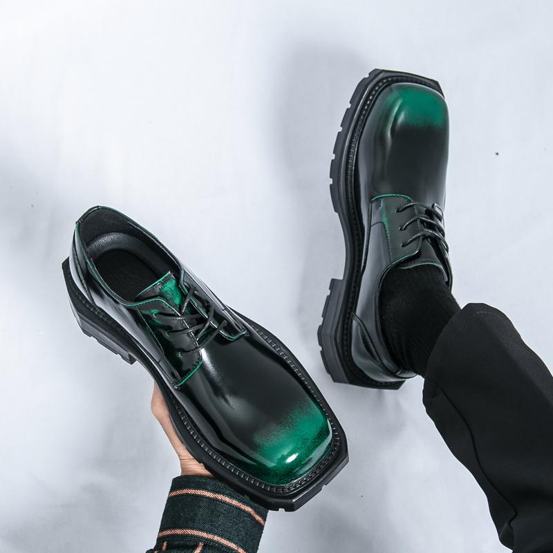 Men's patent leather formal shoes lace up square toe office casual business shoes thick-soled formal shoe comfortable work shoes