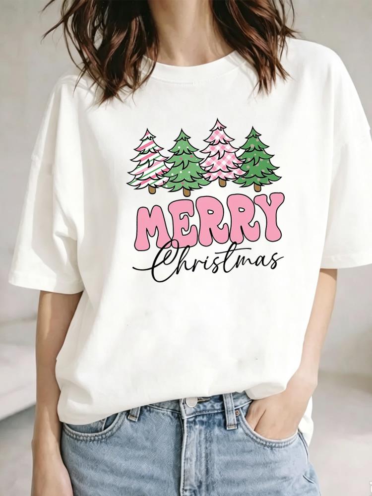 (Asian Size) Christmas Festival Tee Top New Year tree letter cute Clothing T Shirt Women Fashion Print Female Woman Short Sleeve Graphic T-shirts