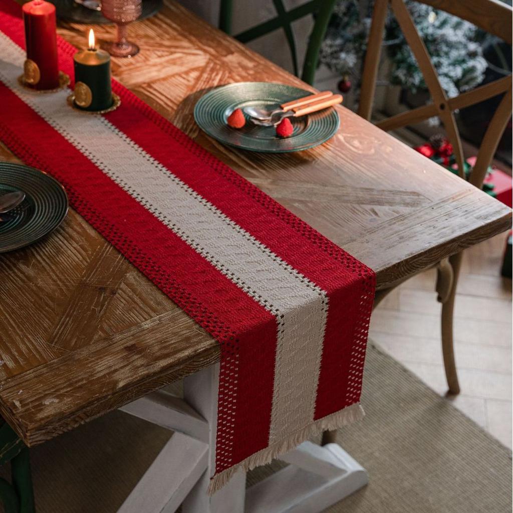 Linen Cotton Stitching Table Runner Dinning Table Decoration Two-color Woven Tassel Natural Material Wedding Decor Table Runners