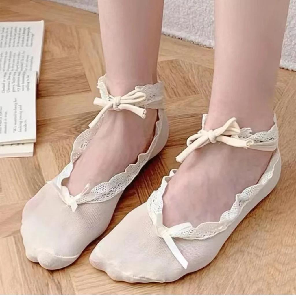 Girl Lolita Modern Dance Latin Dance Socks Ballet Lace Tie Straps Boat Socks Bowknot Women Fishnet Slippers