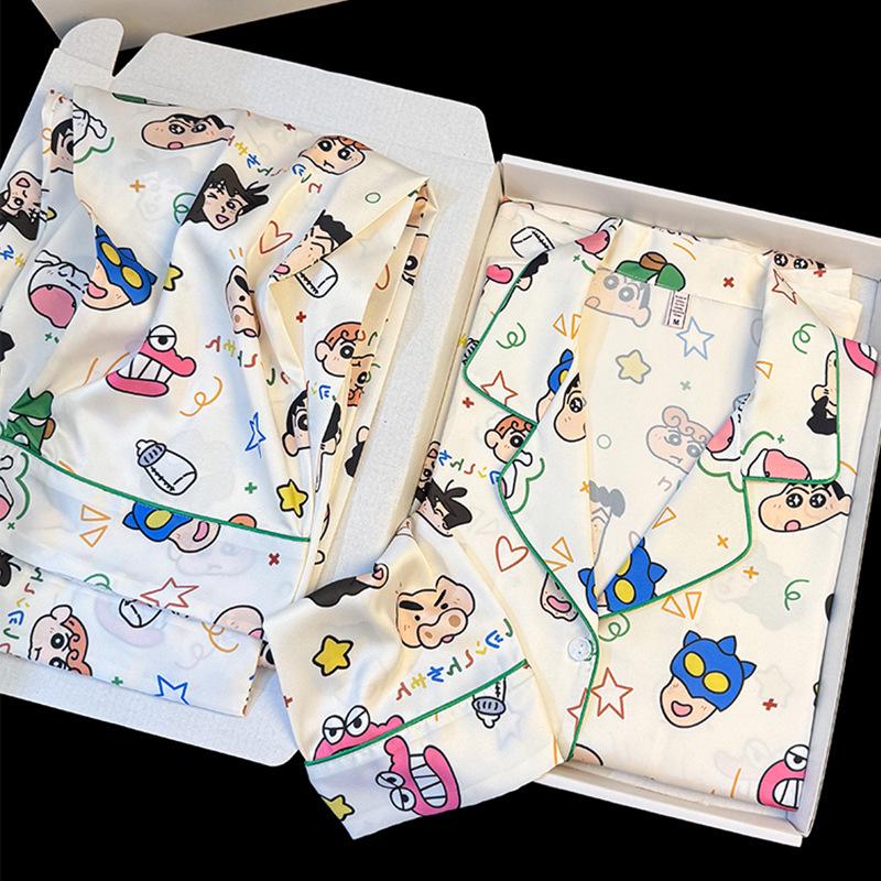 

Crayon Shin-chan Japanese Ice Silk Pajamas for Women - Cute Long Sleeve Spring/Summer Homewear Set Medium