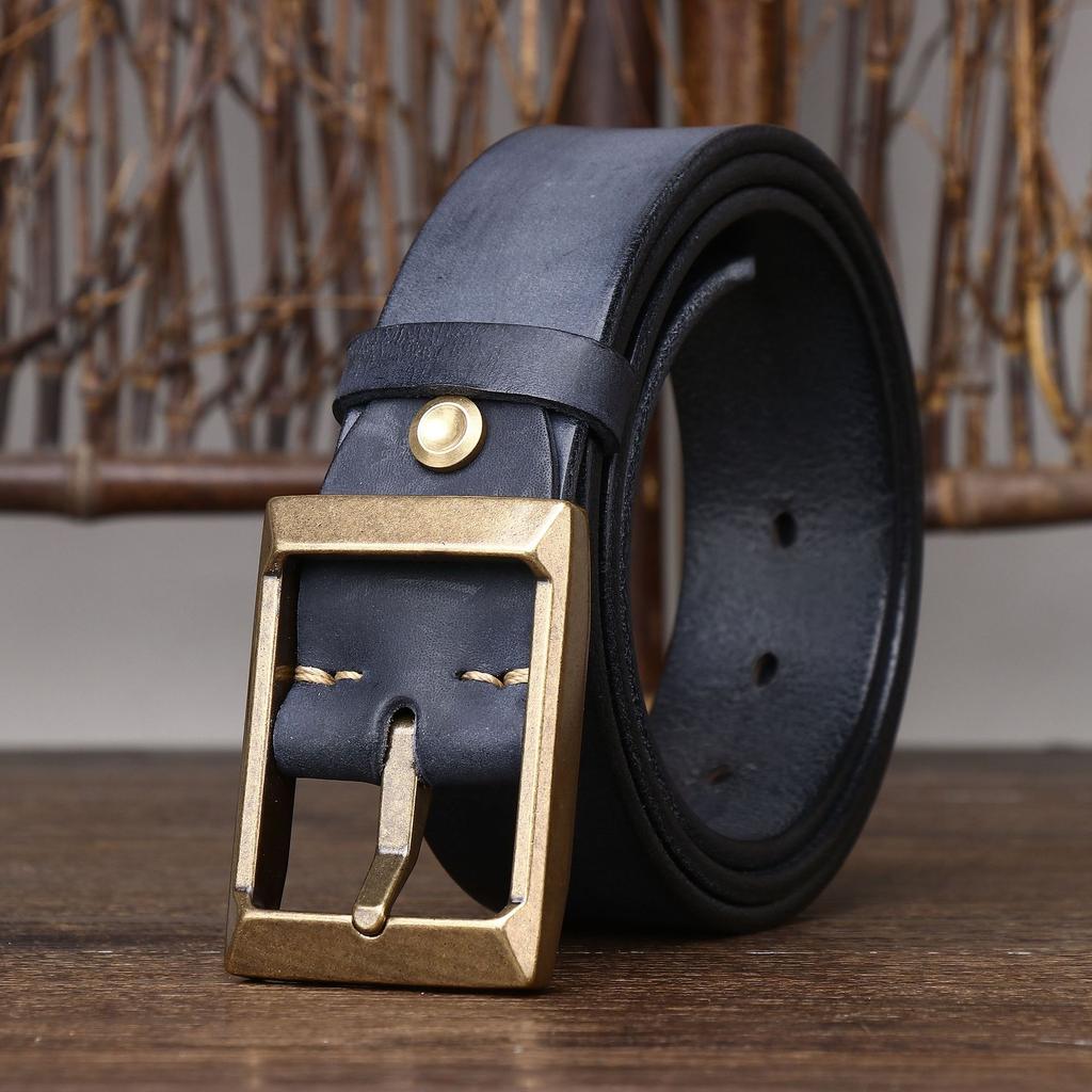 Retro Thickened First-Layer Cowhide Copper Buckle Belt Men'S Genuine Leather Pin Buckle Trendy Versatile High-End Tough Guy Rein Belt