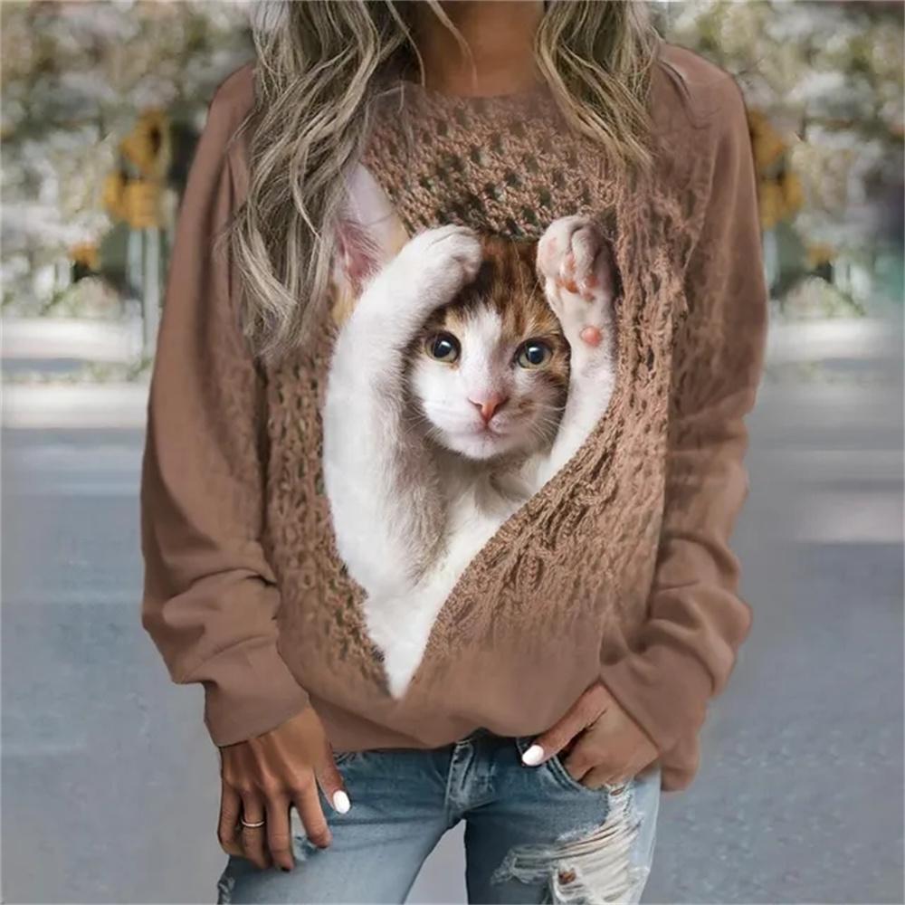Jersey de manga larga para mujer, camiseta con estampado de gato a la moda en 3D, Jersey informal de calle para chica, suéter de cuello redondo, Top diario para mujer