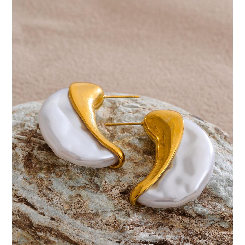 Eetit Women Simulated Pearls Moon Huggie Earrings for Women Stainless Steel Golden Statement Cast Unique Jewelry Prevent Allergy