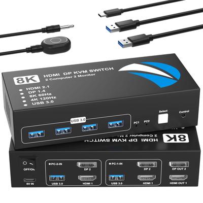 8K@60Hz HDMI+DisplayPort KVM Switch, 2 Inputs/2 Outputs, Switches Between 2 PCs and 2 Monitors, Dual Monitor, 5Gbps, 4 USB 3.0 Ports, Supports Keyboar