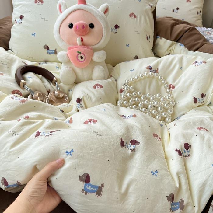 Class A soft waxy washed cotton four-piece bedding cute small fresh quilt cover bed sheet student dormitory bed hat model